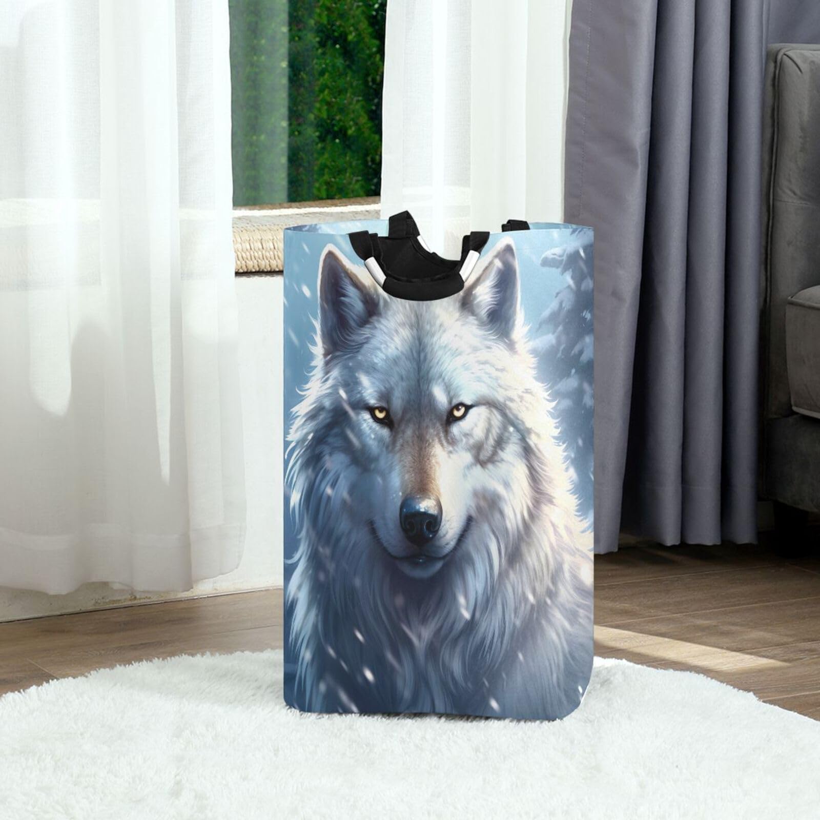 Jihqo Laundry Hamper Basket Winter Wolf Collapsible Nursery Storage Bin Waterproof Clothing Baskets for Home Bedroom Bathroom Washing Room