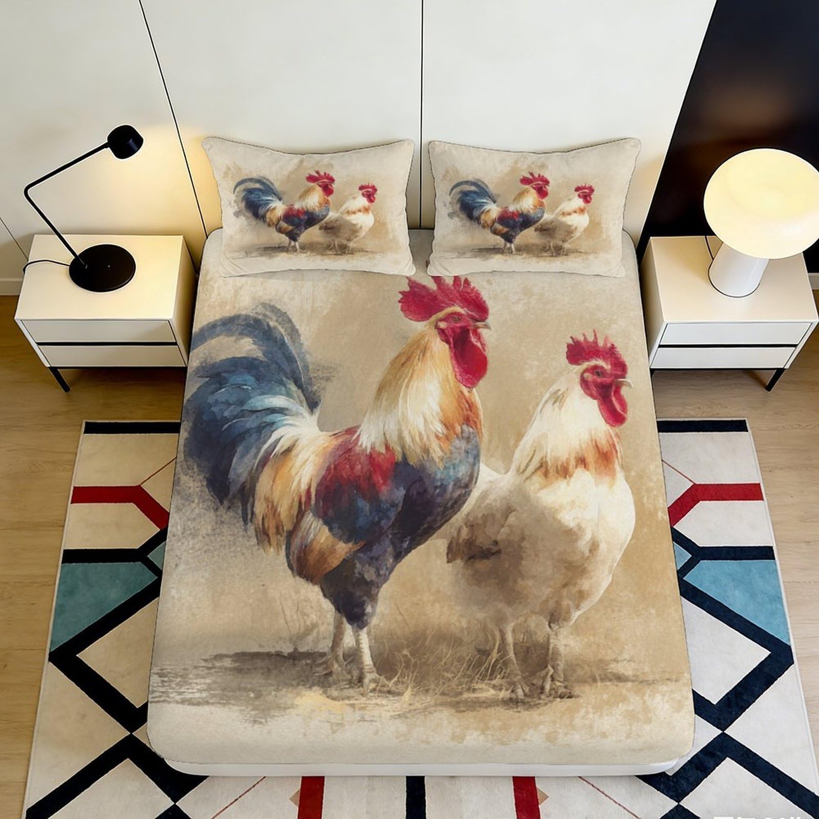 3D Printed Rooster Farmhouse Fitted Sheet Microfiber Soft Breathable Country Chicken Mattress Cover for Bedroom Decor 140x200x25cm