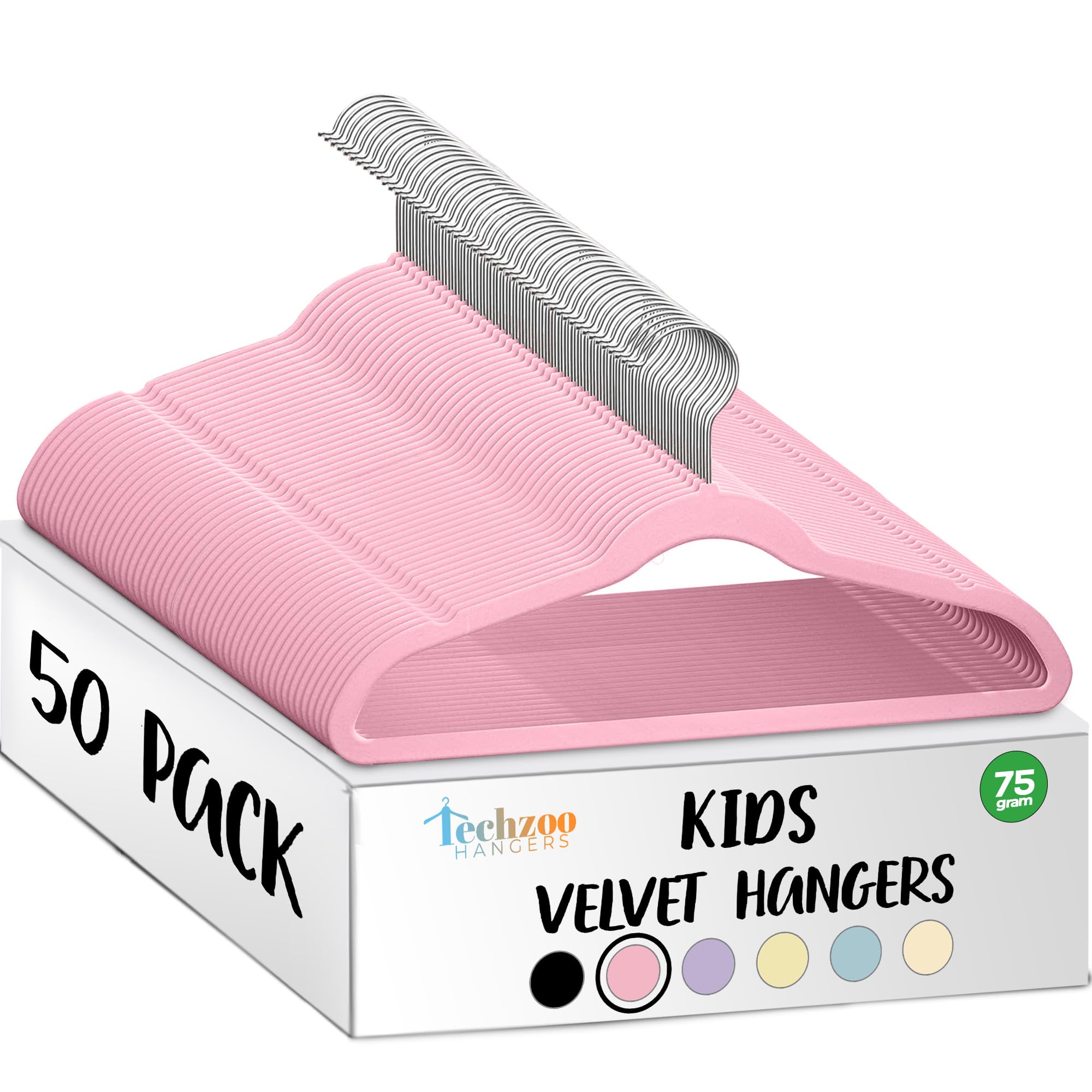 Techzoo Premium Kids Velvet Hangers 50 Pack – 14" Non Slip Felt Cloth Hangers for Closet – Ultra Slim, Space Saving Kids Clothes Hangers with 360° Swivel Hook, Toddler Children Kids Hangers – Pink