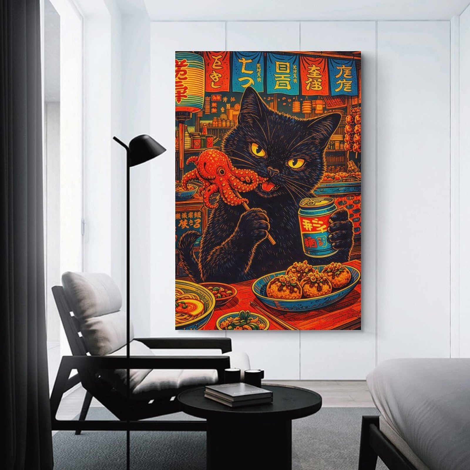 Junmoney Black Cat Eating Octopus And Drinking Soda Room Decor Wall Art, 20x30inch(50x75cm), for Hallway, Lounge Or Guest Room, Gift Idea for Housewarming And Birthdays