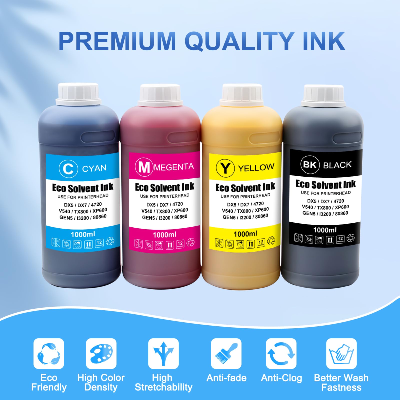 Eco Solvent Tinte 1000ml, Schwarz Cyan Magenta Gelb | Kompatibel mit Epson I1600 I3200, DX4 DX5 DX6 DX7 DX11, XP600 4720 TX800 Druckkopf