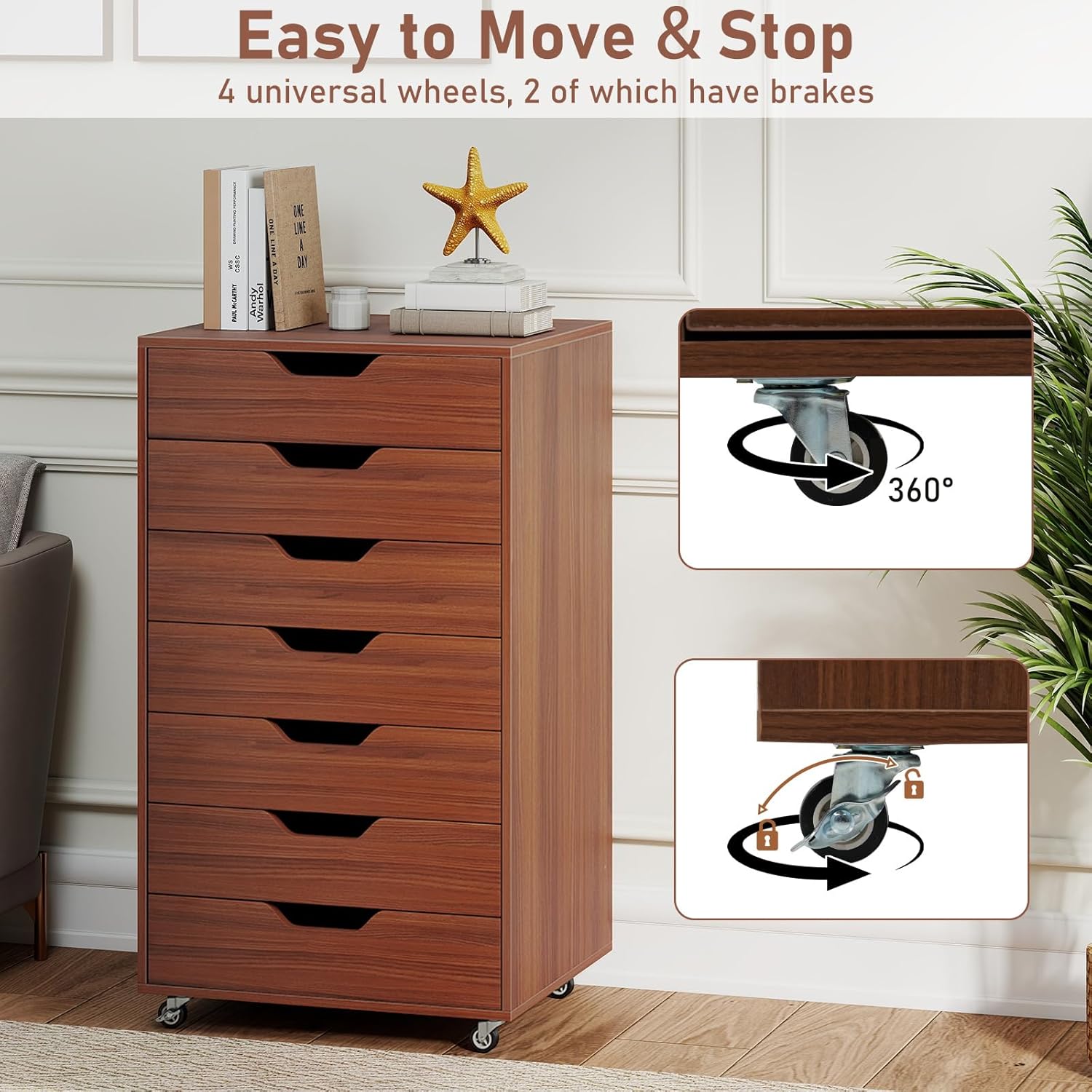 7 Drawer File Cabinet, 34.5" Vertical Storage Drawer Cart, Under Desk Office Organizer, Wooden Printer Stand, Rolling Filing Cabinet for Home Office (Walnut)