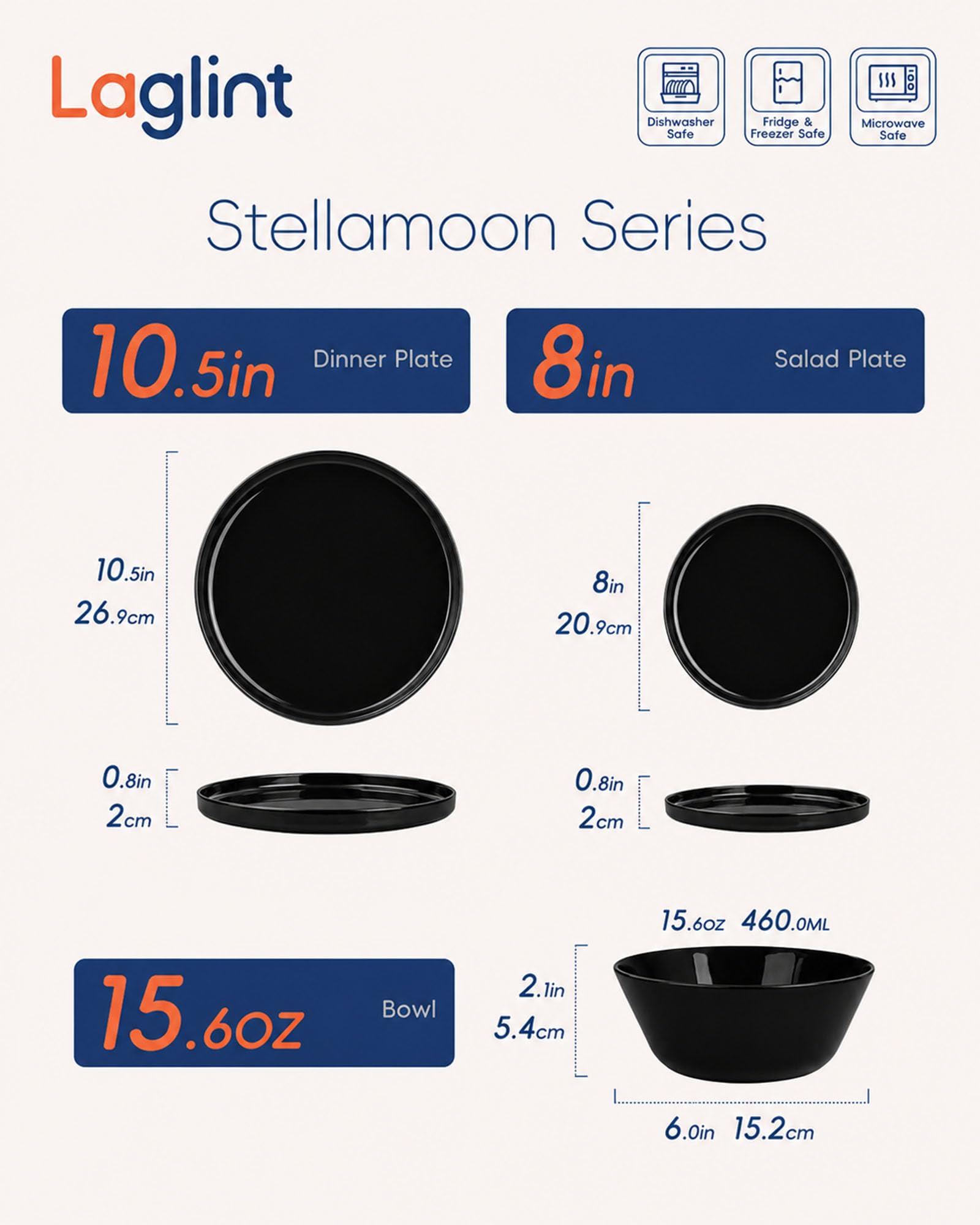 LaGlint Juego de vajilla de 12 piezas para 4 personas, platos y cuencos en vidrio opal, apto para microondas y lavavajillas, resistente a astilladuras y arañazos, color negro