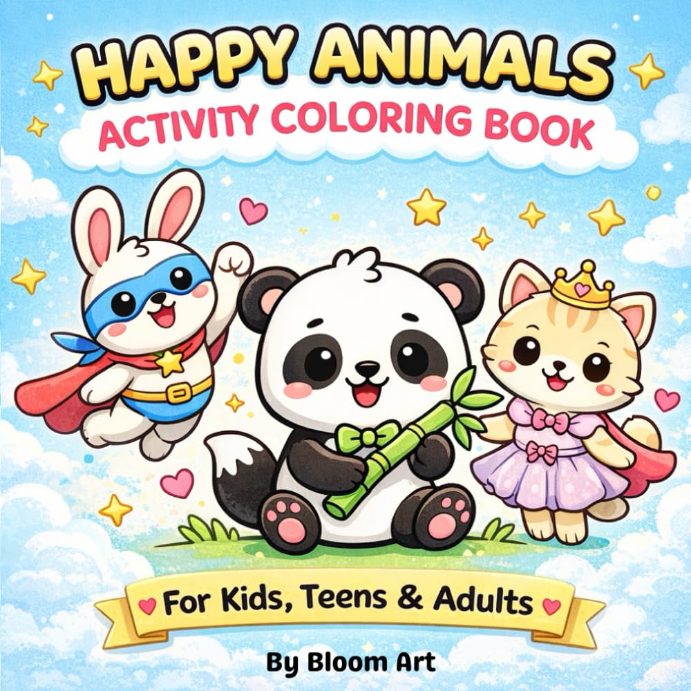 Happy Animals : activity coloring book: Cute and Cozy Animal Scenes to Color for Kids & Adults
