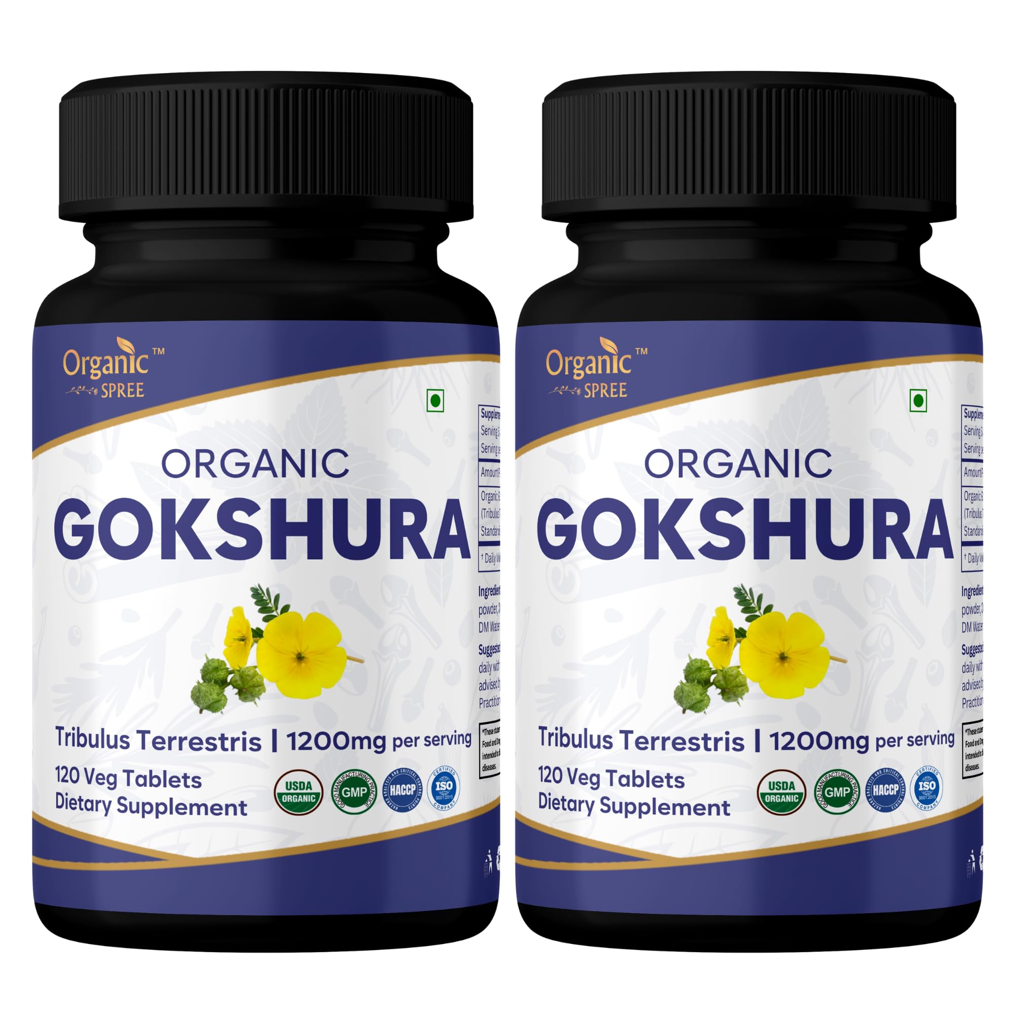 ORGANIC SPREE Gokshura 120 Tablets - Supports Immune System* -Tribulus Terrestris - 60 Days Supply - USDA Organic, GMP, HACCP Certified - Pack of 2