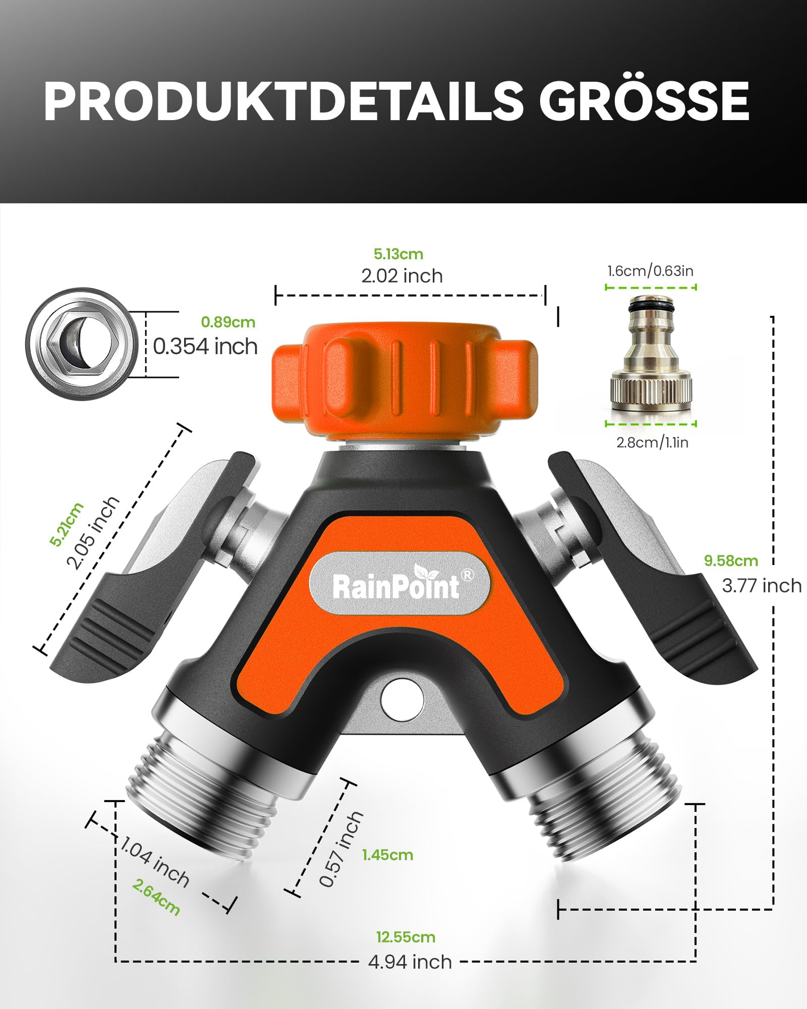 RAINPOINT 2 Wege Verteiler, Vollmetall-Schwerlast-Wasserverteiler mit 5.2cm Extra Langer Seitenhebel & Absperrventilen, Gartenschlauch Y Verteiler 3/4" & 1/2", Gleichzeitiger 2 Fach Anschluss(Orange)
