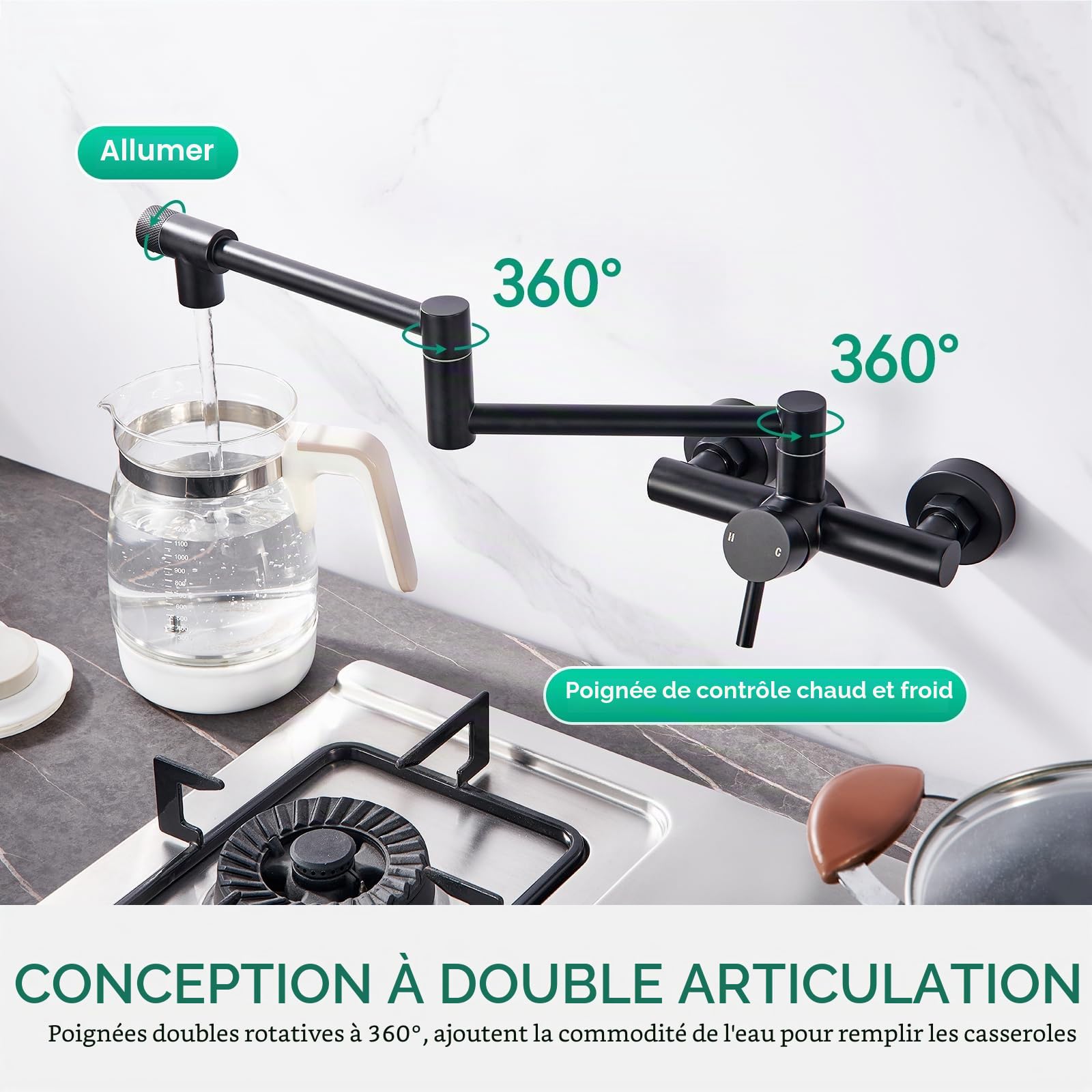CREA Robinet Mural Robinet de Cuisine, Mitigeur Evier 2 Jets d'eau,Pivotant à 360° pour Évier de Cuisine Double Poignée, Eau Chaude et Froide,Aérateur Démontable,Noir Mat
