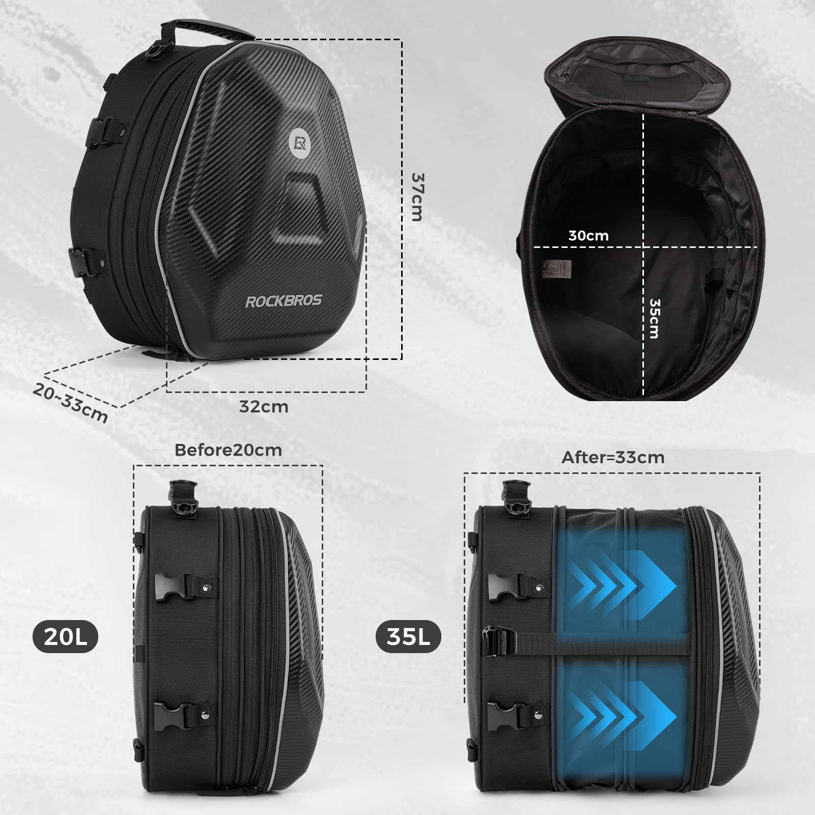ROCKBROS Borsa Sella Posteriore Moto Zaino Guscio Rigido EVA Capacità Espandibile 20-35 L Copertura Antipioggia