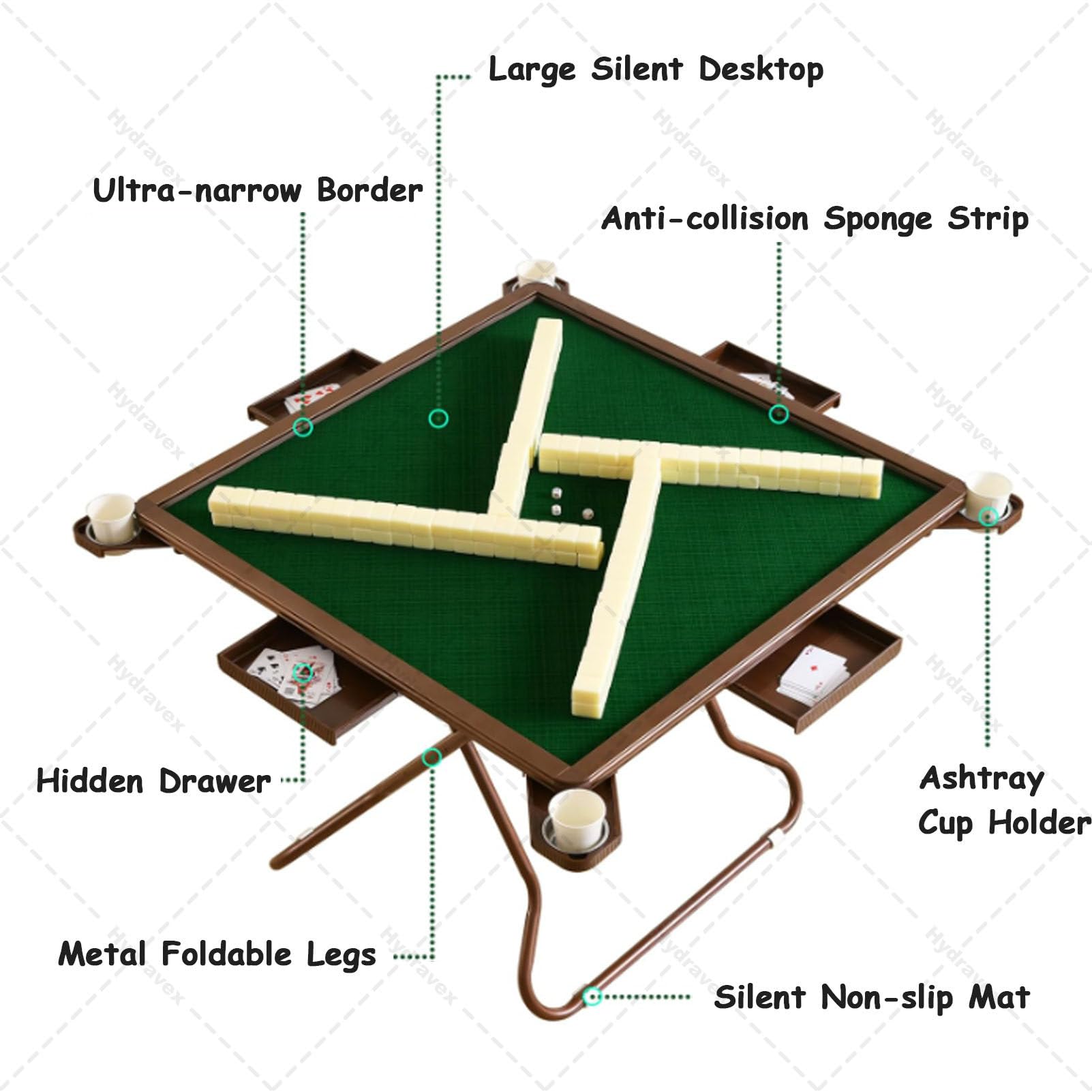 Tavolo da gioco pieghevole, portatile, quadrato, per 4 giocatori, con portabicchieri e scanalature per chip, ideale per giochi da tavolo e campeggio