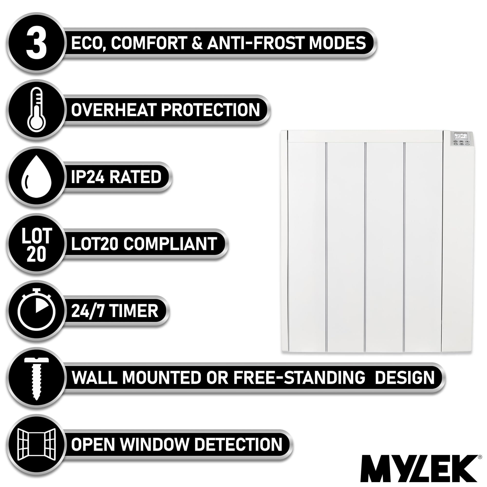 MYLEK Radiador eléctrico de panel de cerámica con temporizador digital programable de 1000 W, montaje en pared de aluminio independiente, blanco delgado, IP24 a prueba de salpicaduras, lote 20, diseño