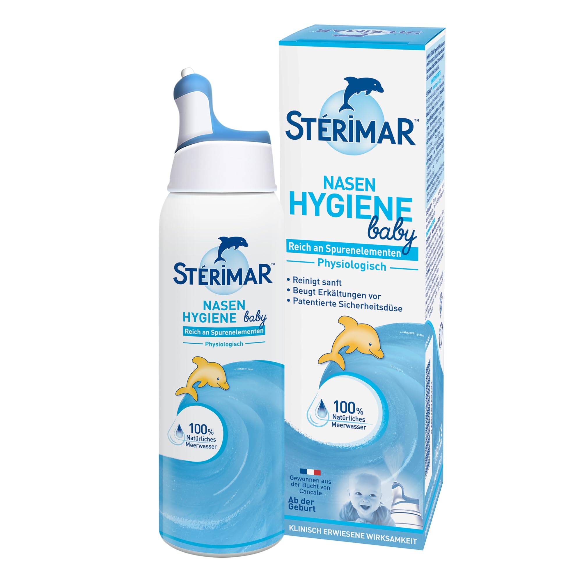 Stérimar Nasenhygiene Baby, 100% natürliches Meerwasser Nasenspray, 2 in 1 Spray & Spülung für Babys ab Geburt anwendbar, 100ml, 300 Sprühstöße