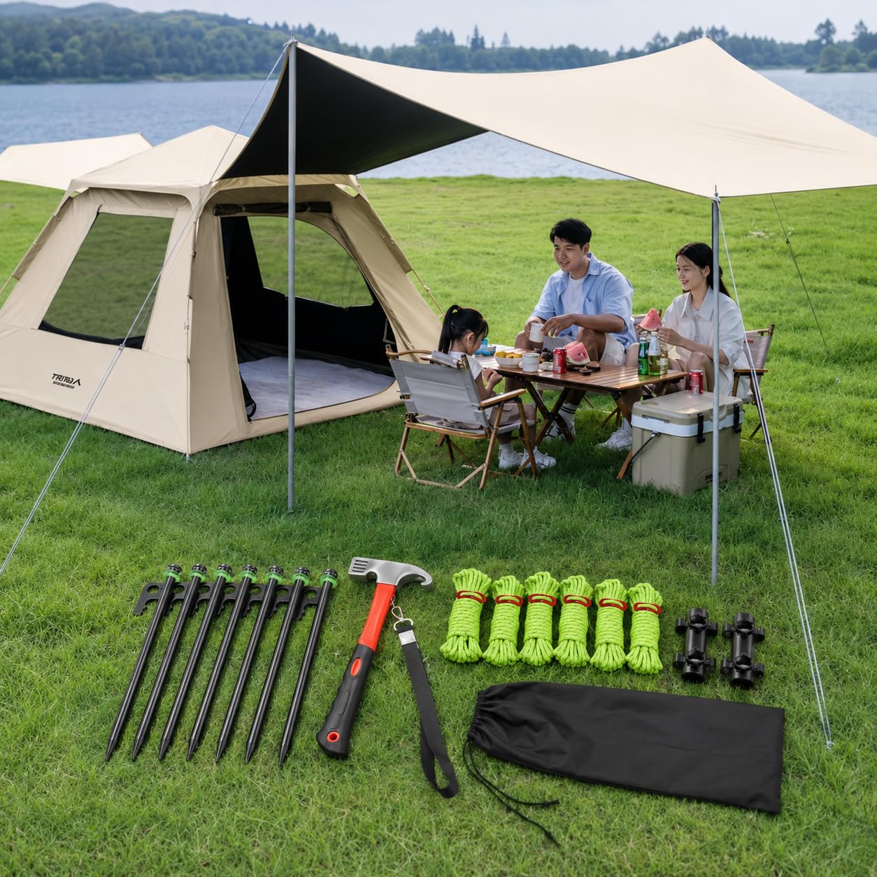 Zeltbefestigungsset sturmsicher für Camping, Zeltheringe Set & Abspannseile, für Zeltzubehör, Set mit 8X 20cm Heringen, 8X reflektierenden Seilen, orangefarbenem Hammer und Zubehör