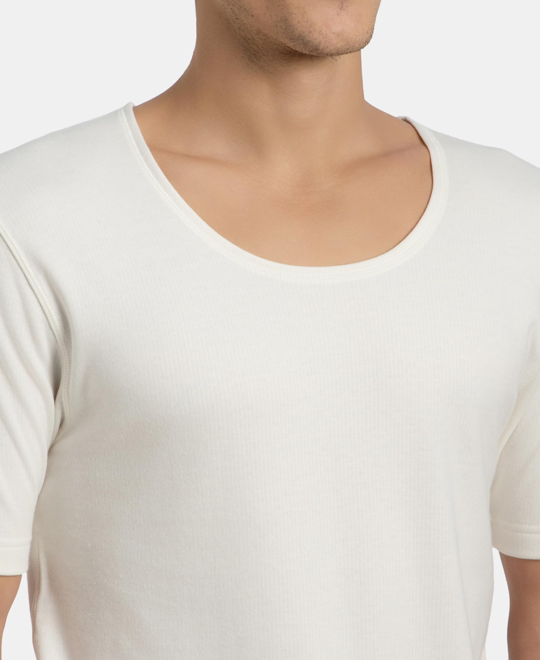 Jockey 2402 Men's Super Combed Cotton Rich Brushed Fabric Half Sleeved Thermal Undershirt with StayWarm Technology_Off White_L 3