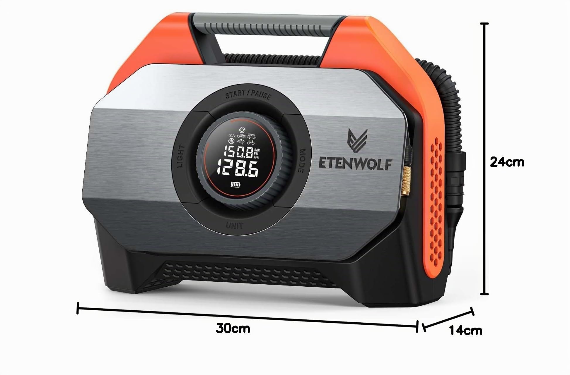 ETENWOLF Vortex S6-19200 mAh Compressore Aria Portatile, 11,03 Bar/160 PSI Pompa Gonfiabile con Pompa ad Aria Elettrica, 7 Modalità di Gonfiaggio per Auto Biciclette Elettriche, Moto