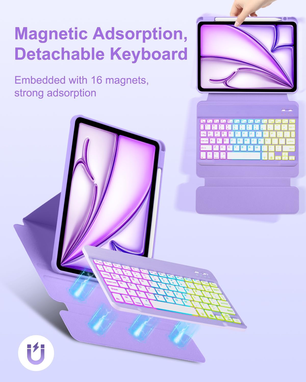 Case with Keyboard Mouse for iPad Air 11 inch M3 M2/ Air 10.9 5th 4th Generation,Rainbow Backlit Detachable Keypad Rotatable Magnetic Cover with Pencil Holder for iPad Air 4 5 6 7 Gen Purple - Image 5
