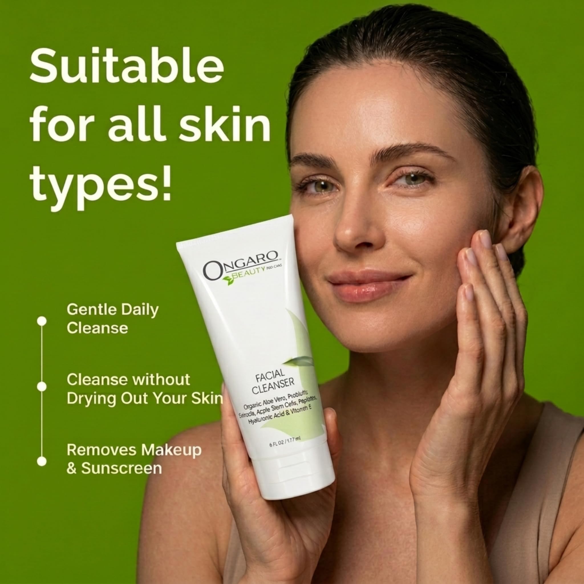 Ongaro Beauty Limpiador Facial; Limpia los Poros Obstruidos Mientras Hidrata Para un Cutis Radiante Hermoso; Con Aloe Vera Orgánico, Tecnología Probiótica, Células Madre de Plantas y Péptidos; 6oz