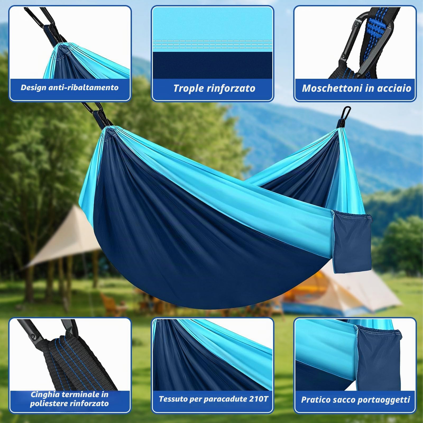 Amaca da Campeggio, Amaca Matrimoniale Portatile, (270 x140 cm) Amaca da Campeggio da Viaggio Ultraleggera per Campeggio, Backpacking e Escursionismo