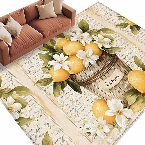 Miniatura 3 de 5x8 Area Rugs, Watercolor Lemon Non-Skid Rubber Backing Large Rectangle Rugs - Living Room Bedroom Home Office, Retro Fruit Blossoming Botanical