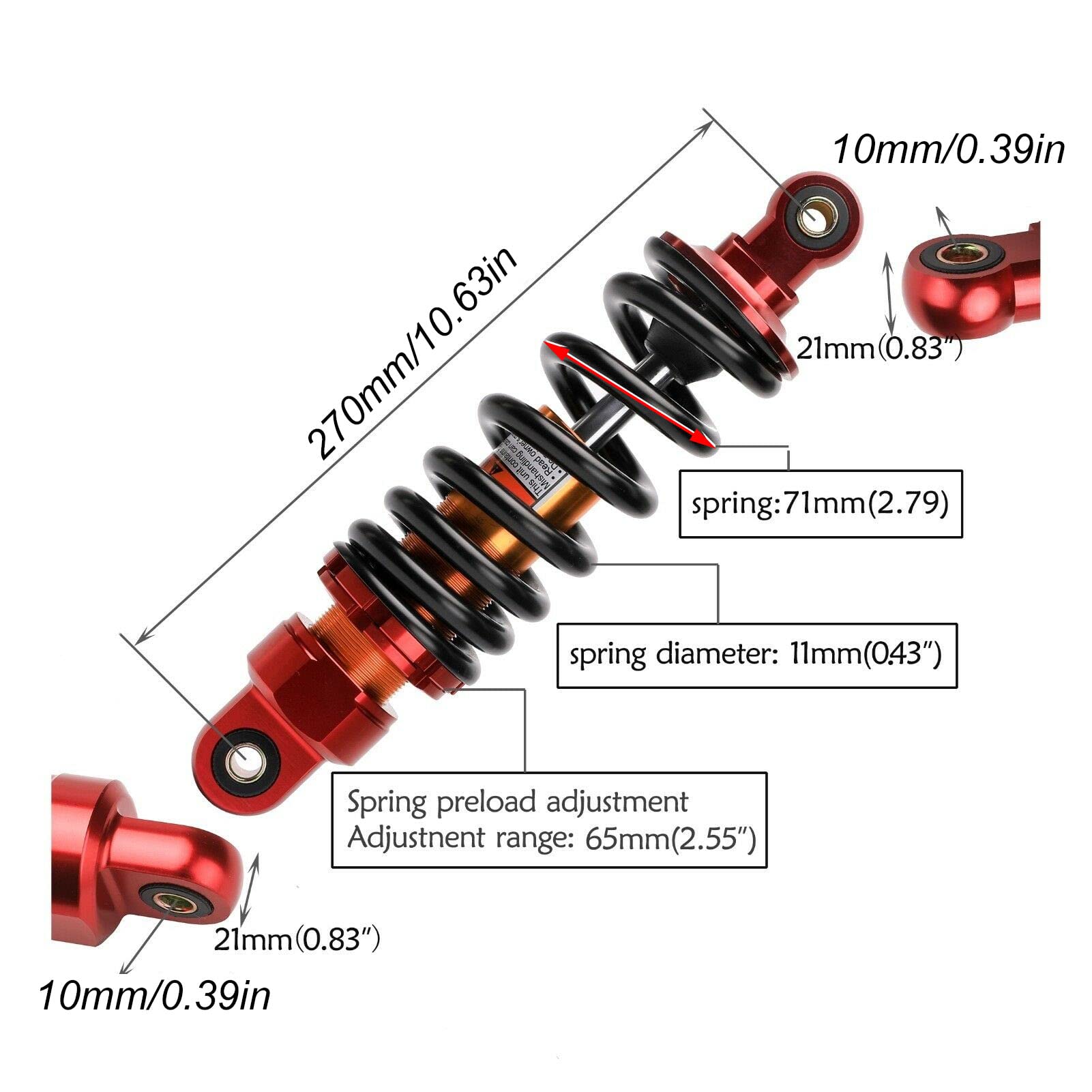 Tissting Amortisseur Arrière de Moto 270mm 980 Lbs 10mm Trou Universel Amortissement Suspension Amortisseur à Ressort Réglable pour 70cc 90cc 110cc 125cc 150cc Dirt Pit Bike, ATV