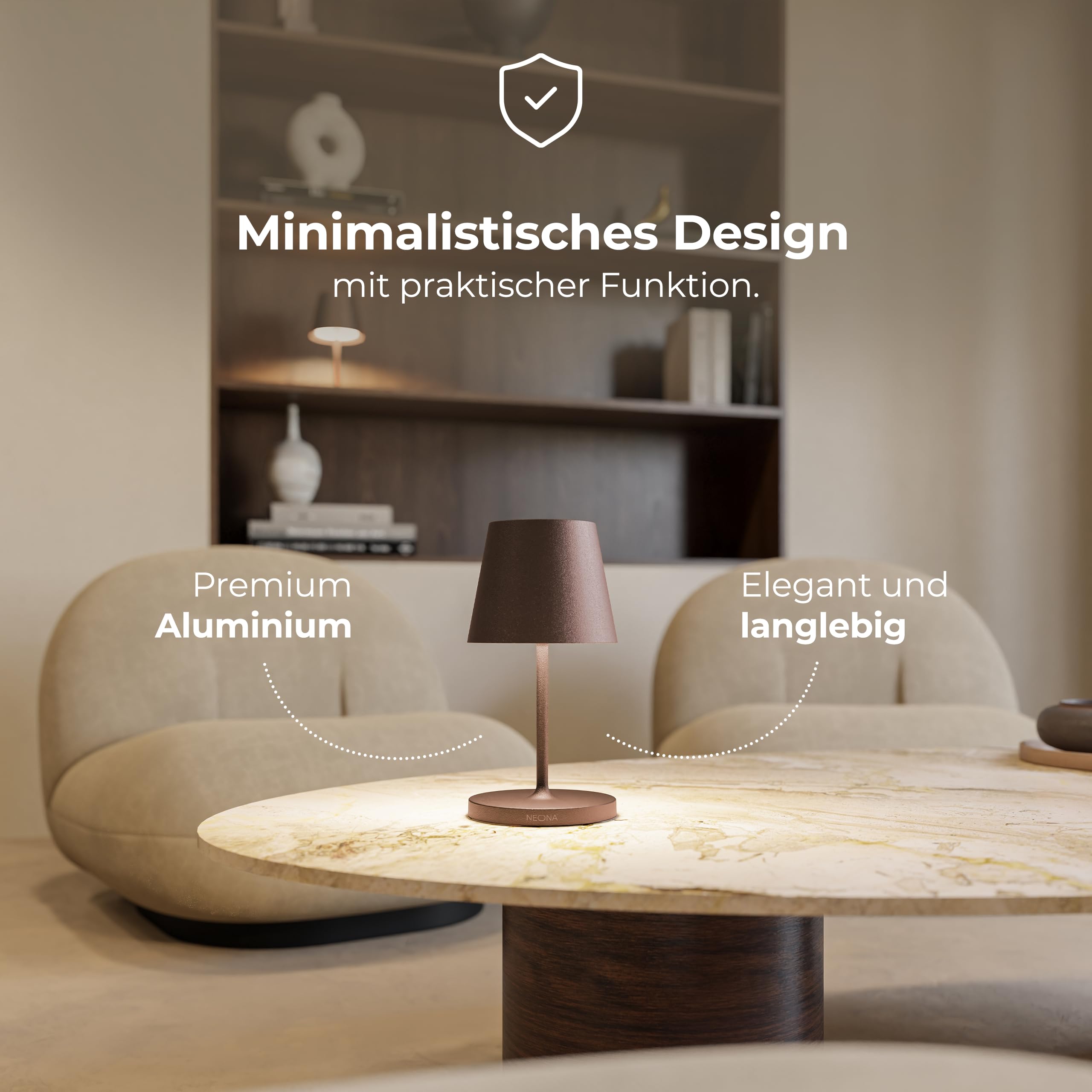 NEONA AVA LED-Tischleuchte (kabellos, Akku + Ladestation) – Touch-Dimmung, IP54 wetterfest, Warmweiß 2700 K, 10 Std. Laufzeit – moderne Ambientebeleuchtung (Rostbraun)