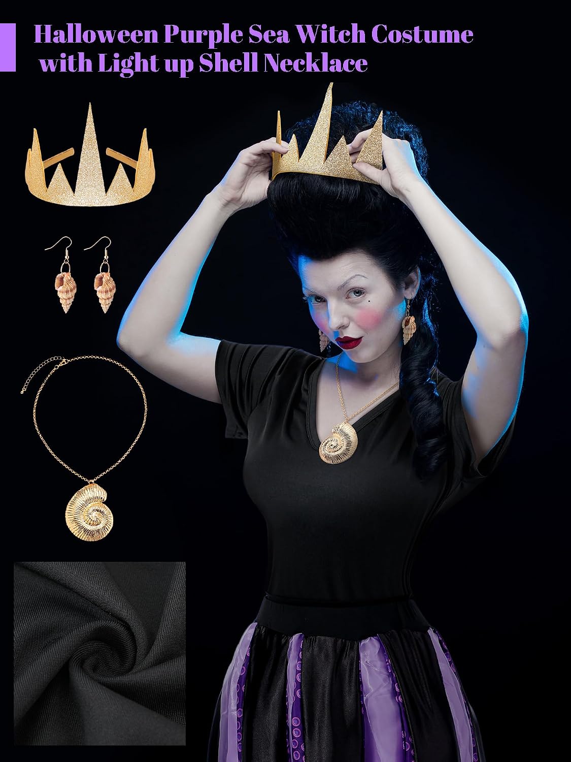 Ramede 5 Pcs Women Octopus Costume Halloween Witch Costume Purple Cosplay Tentacle Skirt Gold Necklace Earring