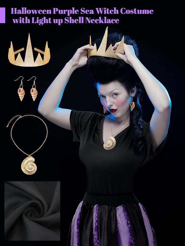 Ramede 5 Pcs Women Octopus Costume Halloween Witch Costume Purple Cosplay Tentacle Skirt Gold Necklace Earring(Long Style,Large) by Ramede - Image 7