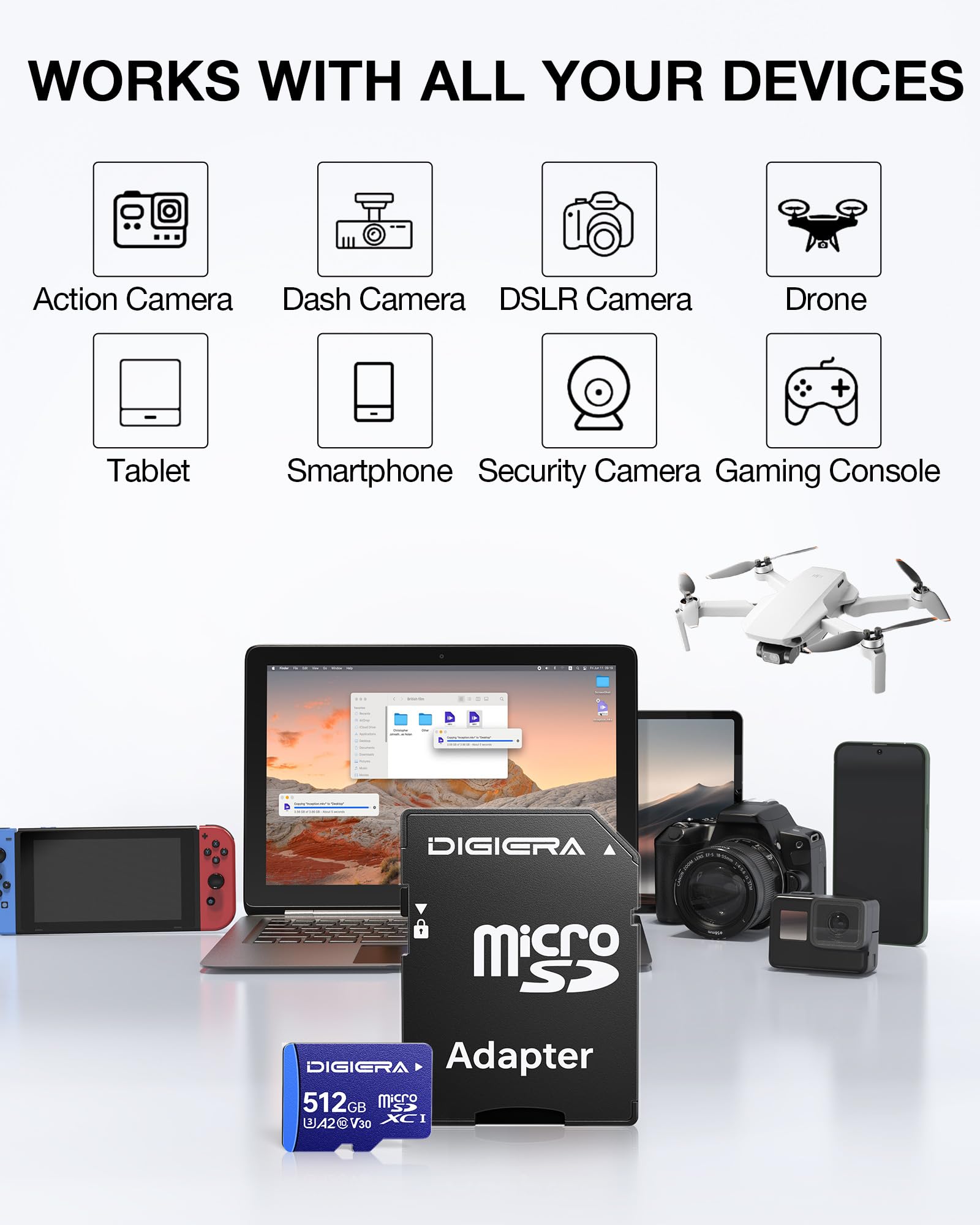 DIGIERA Karta pamięci 512 GB LT100 microSDXC UHS-I z adapterem - do 170 MB/s, C10, U3, V30, 4K, A2, karta micro SD do smartfonów, tabletów, aparatów, konsol do gier i dronów (1 opakowanie)