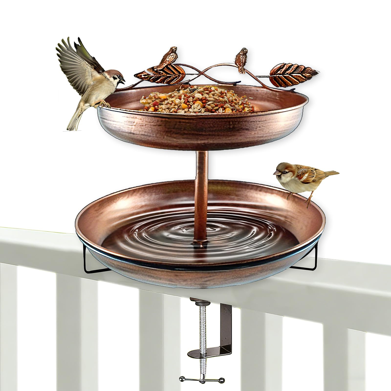 Vogeltränke Stehend, 2 In 1 Vogeltränke Hängend, Vogelbad für Draußen Garten, Vogelfutterspender Wassertränke, Frostsicher Winterfest, für Balkone, Innenhof, Garten, Terrasse (Vintage-Kupfer)