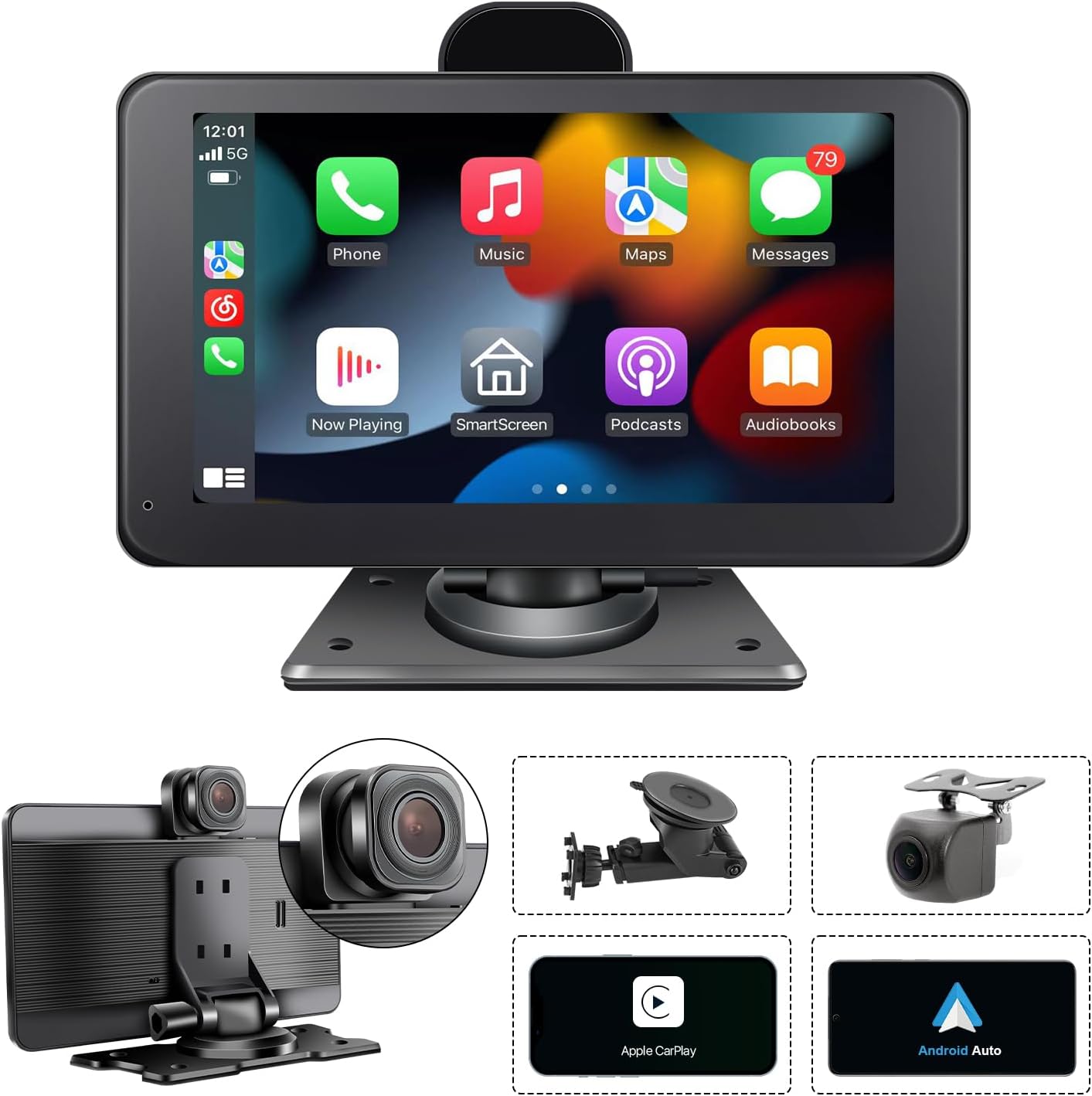 Wireless Apple CarPlay Stereo with 2.5K Dashcam, 7” FHD IPS