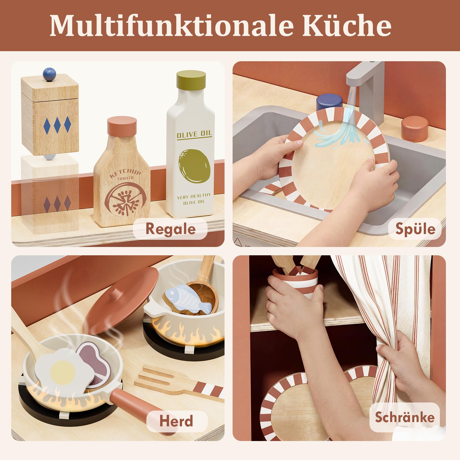 Lehoo Castle Kinderküche Holz, Spielküche mit Spielzeugtöpfen und -Pfannen, Kinder Küche mit Kochset, Puppenküche, Spielzeug ab 3 Jahre Mädchen Jungen