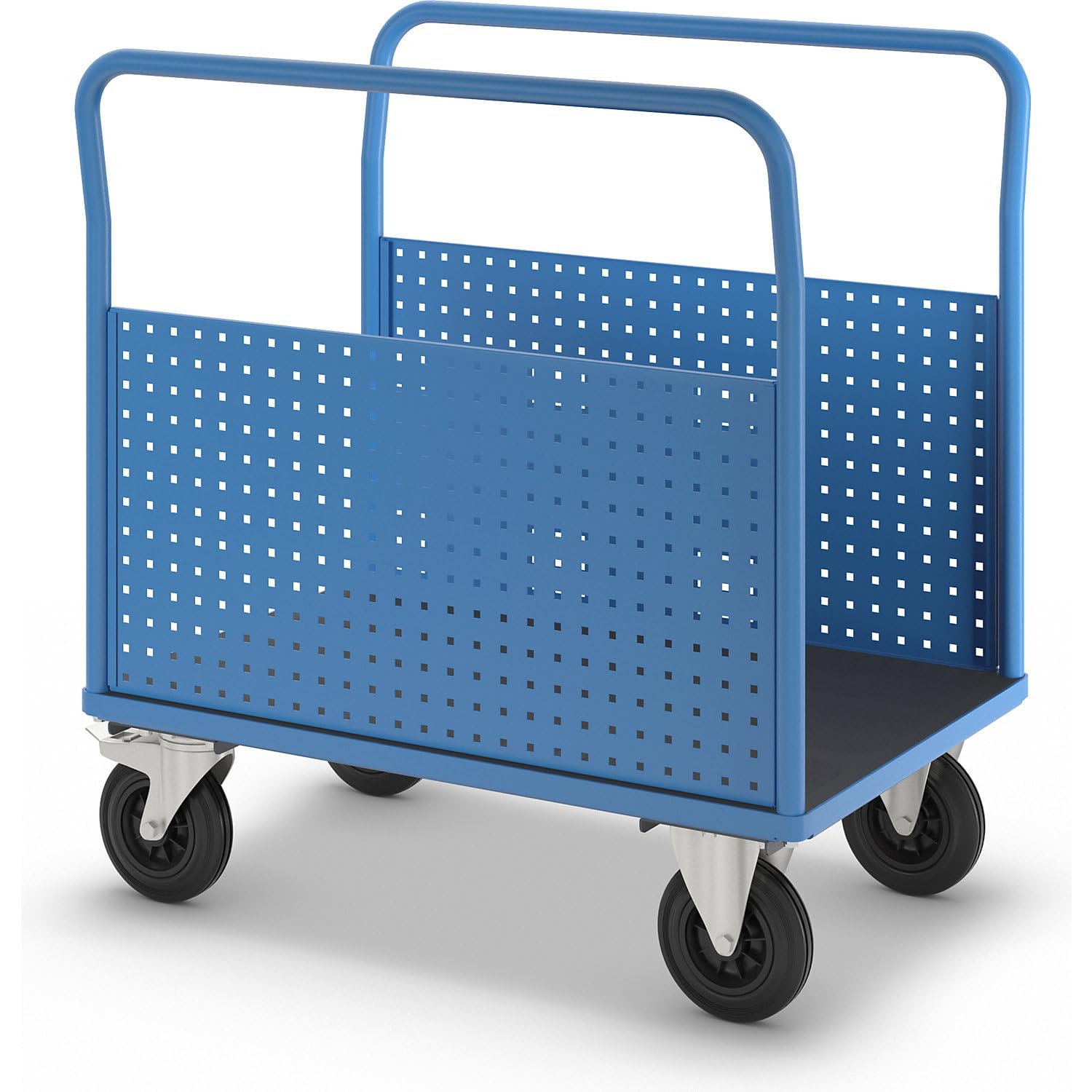 eurokraft pro | Plattformwagen | Mit 2 Lochblechseitenwänden, LxB 1050 x 700 mm, Vollgummi