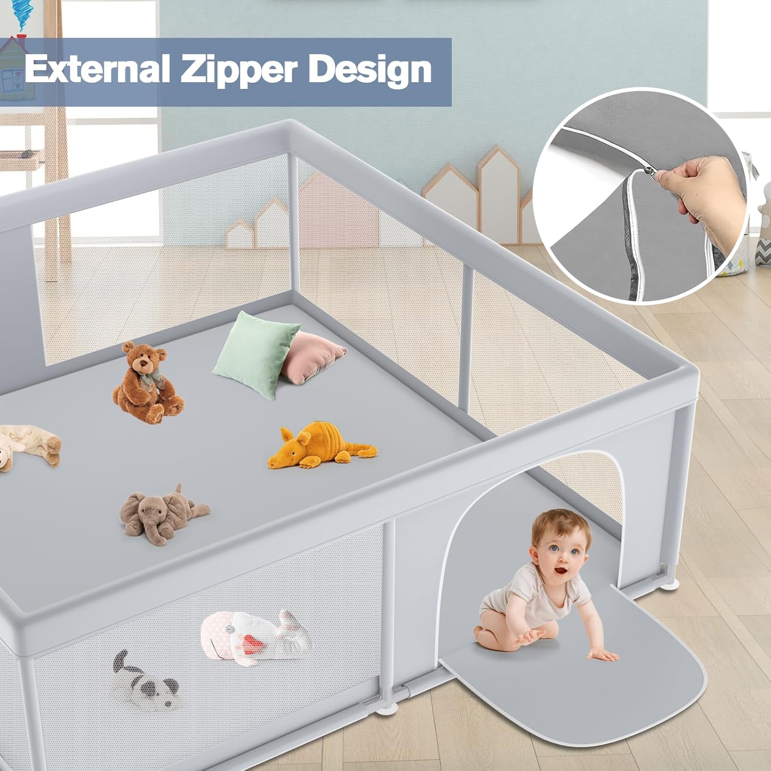 Size 79x79 Color Grey  Extra Large Baby Playpen 79×79 Inch, Playpen with 2 Zipper Door for Babies and Toddlers, Play Pen Pin Indoor Outdoor Baby Play Fence