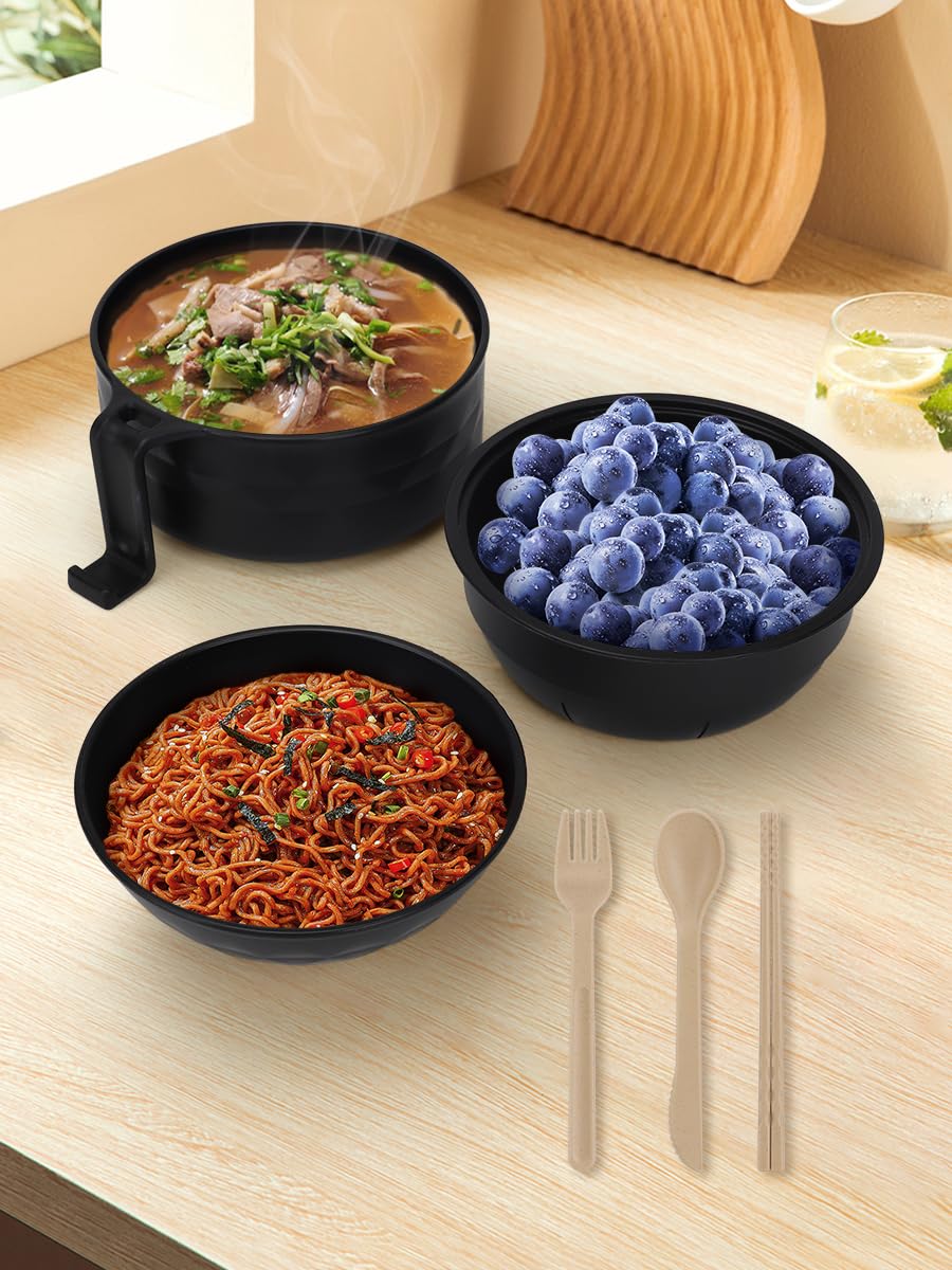 Microwave Ramen Cooker Set, 32 oz Ramen Bowl Set Microwave Noodle Bowls with Handle Spoon Chopsticks Fork for Dorm Room Office Apartment Essentials (Black)