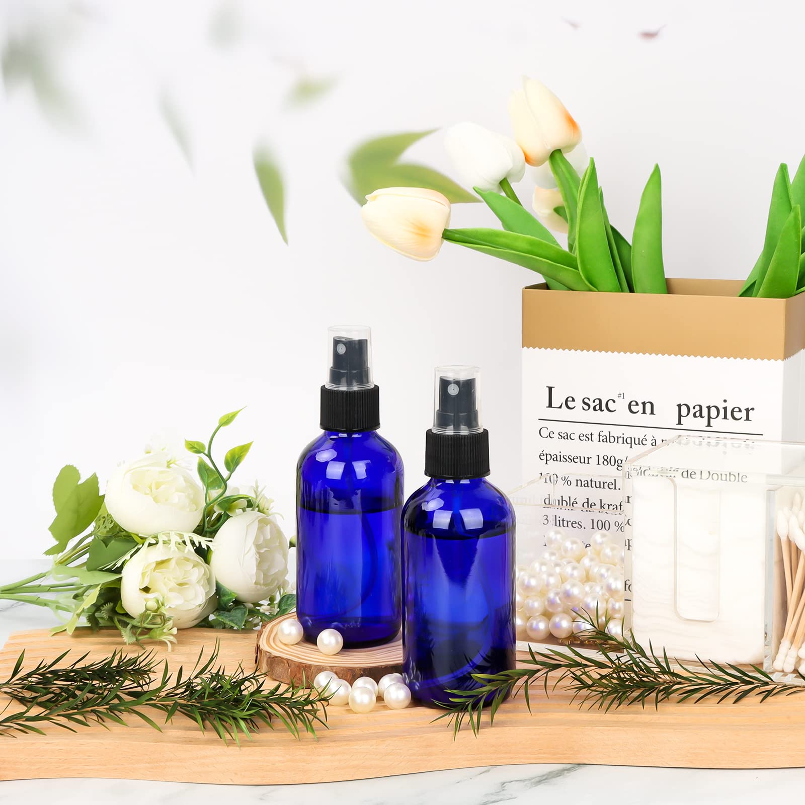 CycleMore Niebieskie szklane butelki z rozpylaczem o pojemności 120 ml, 16 sztuk, z drobną mgiełką, szklane butelki podróżne na kosmetyki, olejki eteryczne, perfumy i inne płyny (1 szczotka, 2 lejki i