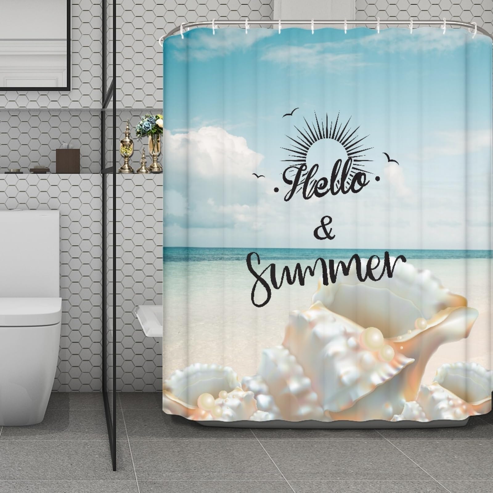 Rideau de douche imperméable de qualité supérieure motif coquillage bleu et blanc