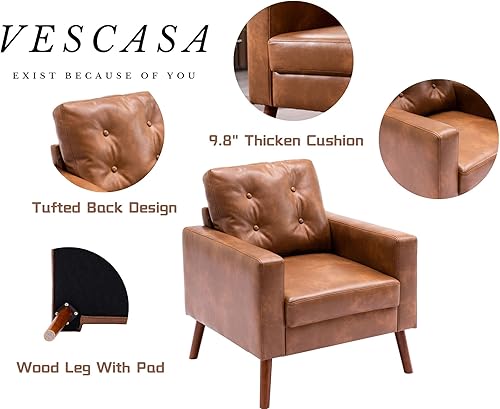 Miniatura 4 de VESCASA Silla con brazo copetudo con patas de madera, piel sintética sintética cómoda y tapizada, sofá individual tapizado, silla lateral moderna de