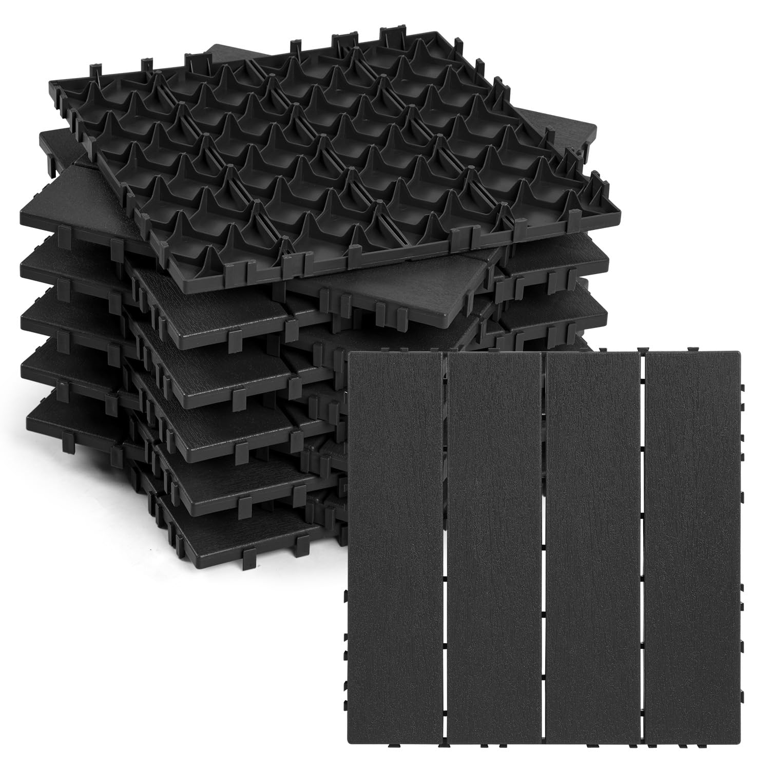 Baldosas Terraza 1 m² 30x30 cm PP Antracita | Losetas de exterior con efecto madera para jardín, balcón, patio y zona de piscina; montaje rápido con sistema de clic.