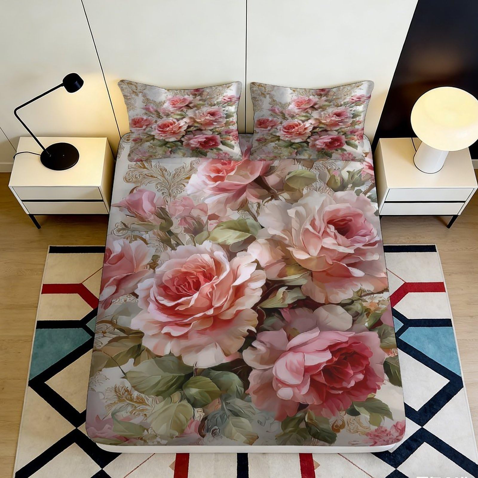 3D Printed Rose Blossom Fitted Sheet Microfiber Floral Pink Mattress Cover for Bedroom Guest Room Home Decor 90x200x25cm