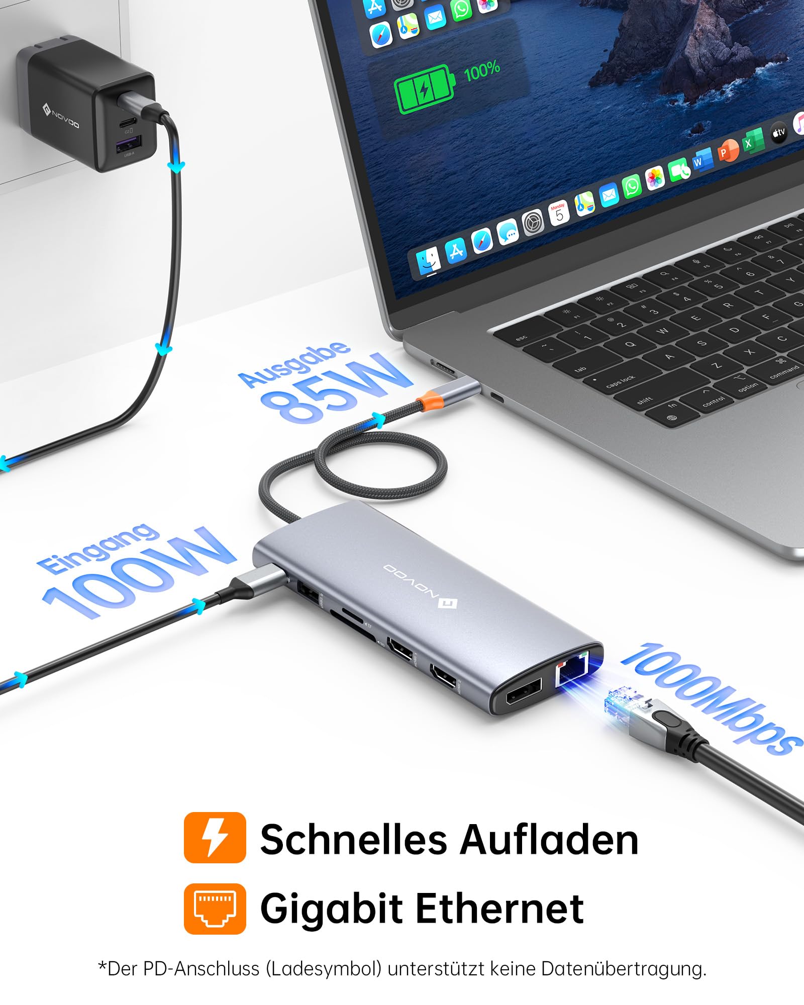 NOVOO USB C Docking Station 14-in-1 USB C Hub Triple Display mit 2 HDMI 4K@60Hz,DisplayPort 4K@120Hz,5USB-A+1USB-C Datenübertragung Gigabit Ethernet,100W PD,SD/TF,Audio für MacBook Dell HP(40cm Kabel)