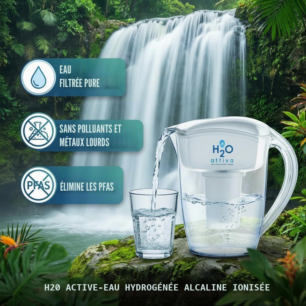 Filtre à eau actif H2O, eau hydratée, alcaline, ionisée, nettoyée naturellement, haute valeur de pH, 1 filtre longue durée, système de filtration multi-étapes, Tritan, sans BPA, capacité 3,5