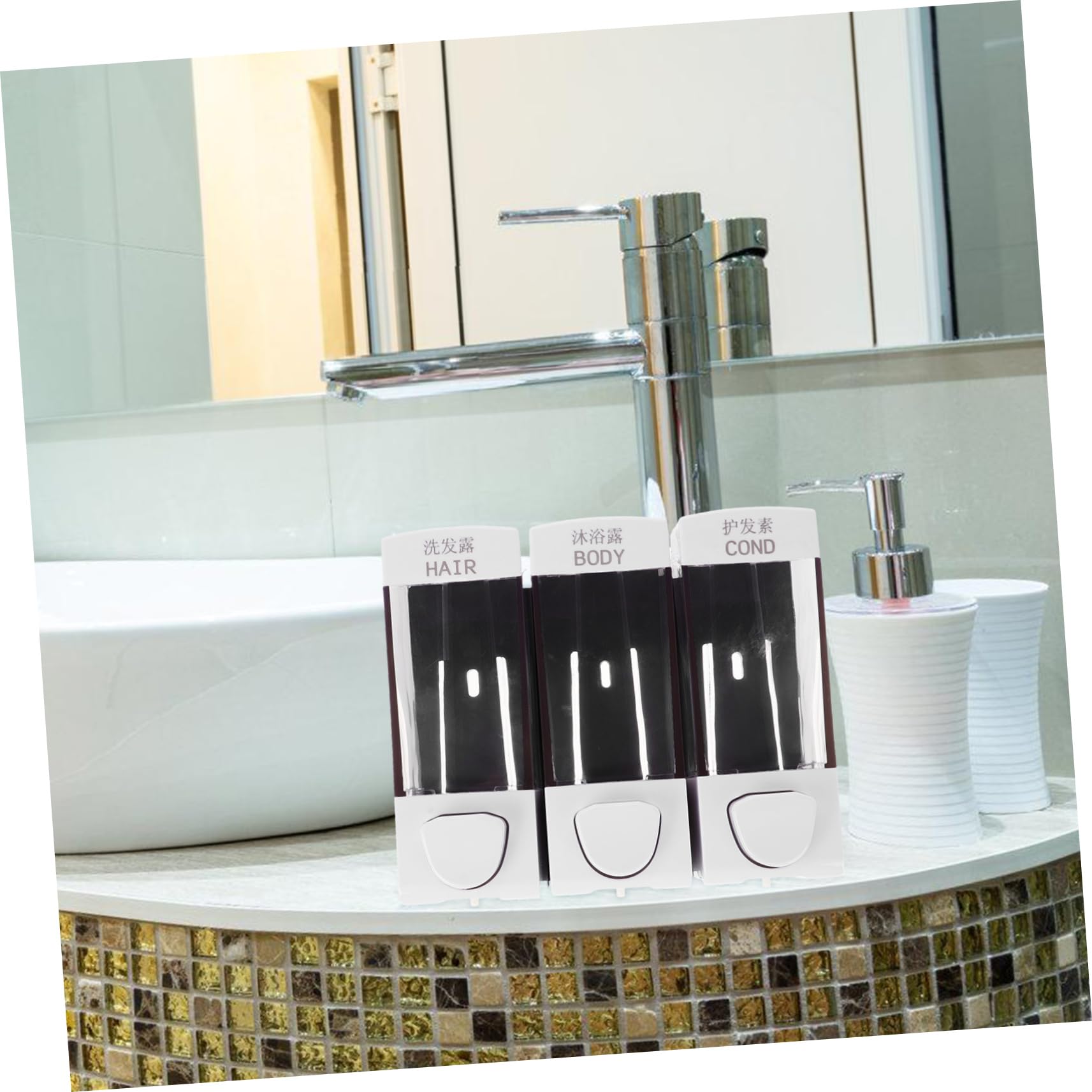 Dispenser Sapone e Shampoo da Muro, 3 Scomparti, 1050ml, Abs, Installazione Facile, per Bagno e Doccia