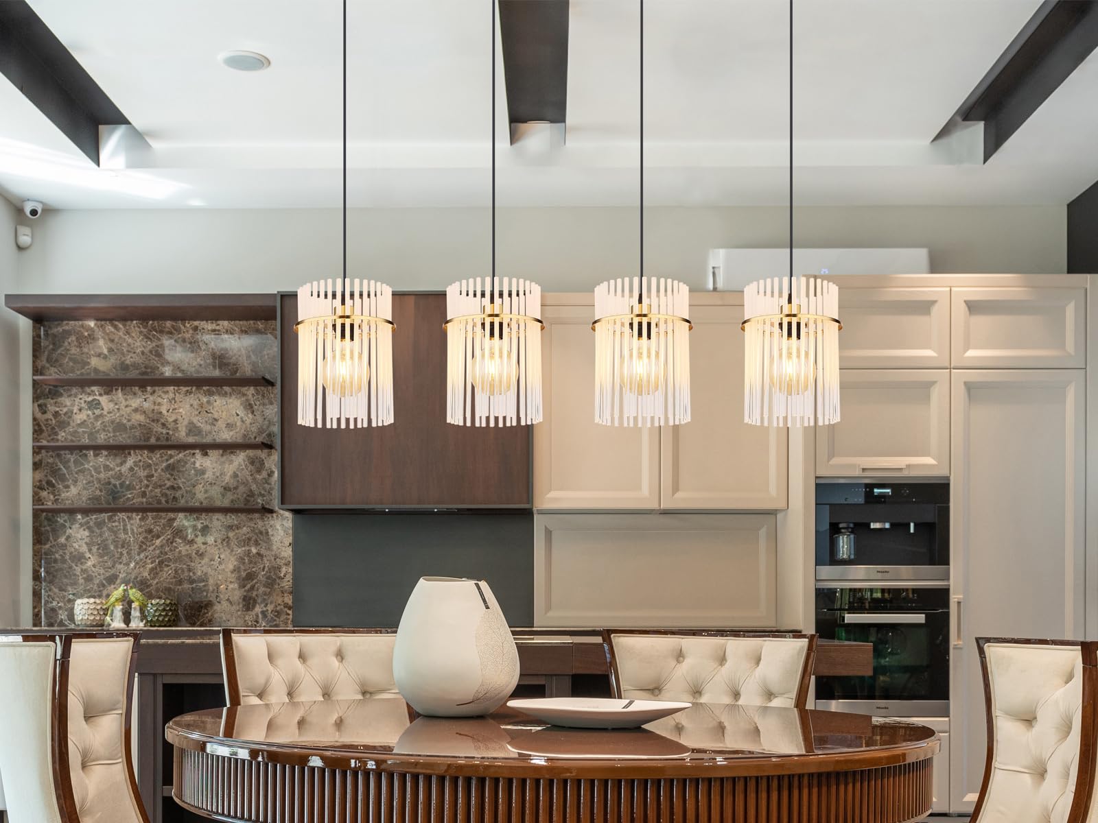 Globo Pendelleuchte in Gold mit vier Glas Lampenschirmen, Breite 110cm |