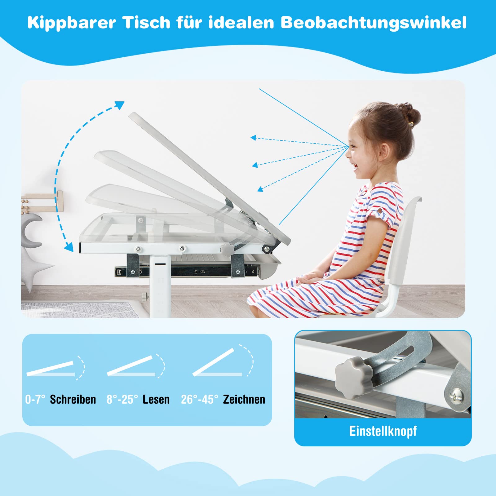COSTWAY Schreibtisch Kinder, Kinderschreibtisch höhenverstellbar mit neigbarer Tischplatte & Schublade, multifunktionaler Schreibtisch mit Stuhl für Jungs & Mädchen (Grau)