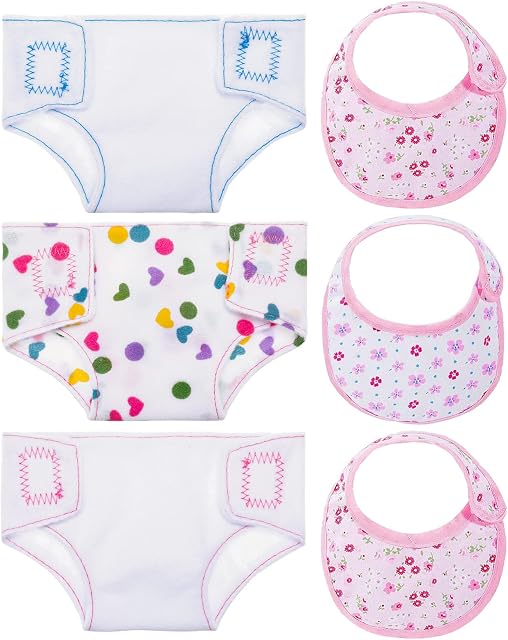 FRIUSATE 6 Pcs 1:12 Scale Doll Clothes Accessories Baby Doll Nappies and Doll Bibs Set Baby Doll AccessoriesSet For 14-18 Inch Doll Girls