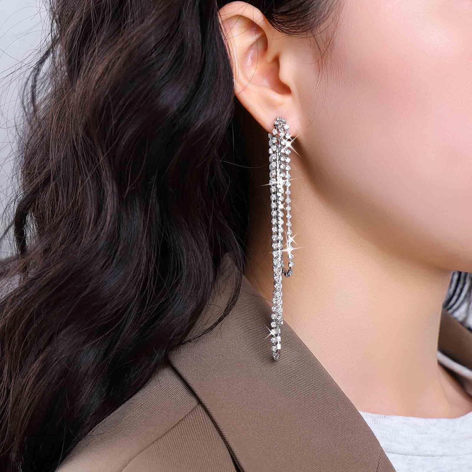 Long Rhinestone Tassel Earrings Silver Crystal Chain Earrings Rhinestone Dangle Drop Earrings Sparkly Crystal Chandelier Earrings Wedding Crystal Jewelry for Women - Image 2