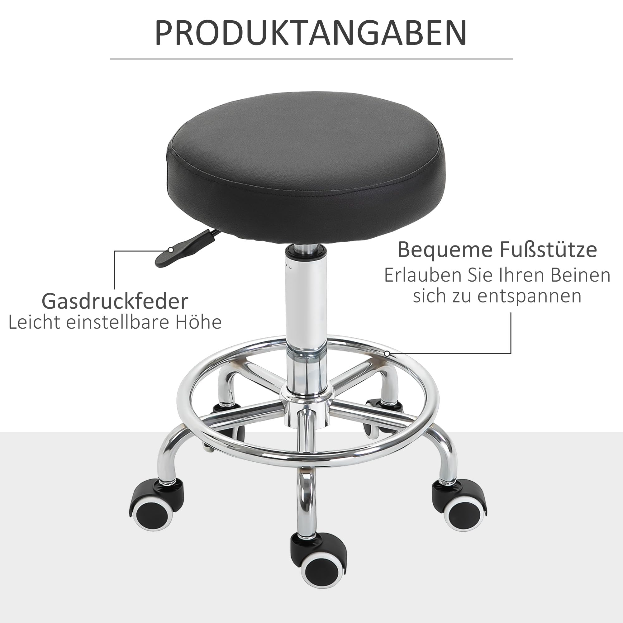 Vinsetto Rollhocker Höhenverstellbar mit Fußring Schwarz Ø42 x 50-64 cm