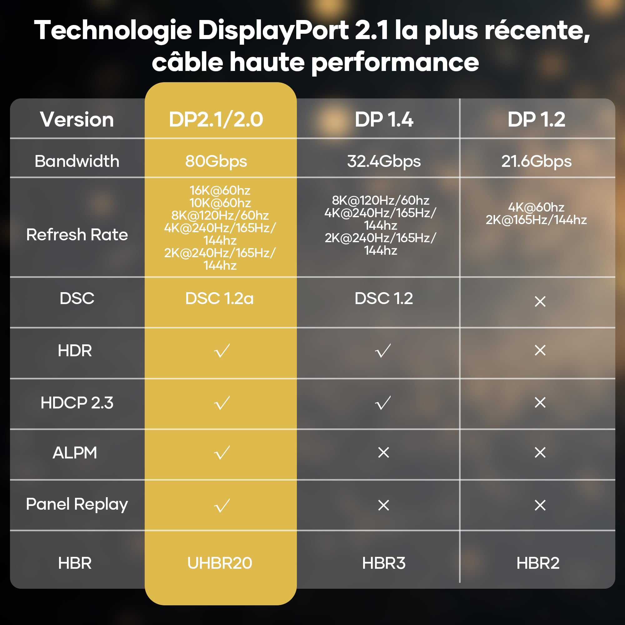 Câble DisplayPort 2.1 16K,5m 16K@60 Hz,10K@60 Hz,8K@120 Hz,4K@240Hz,165Hz/144 Hz.Câble DP 80Gbit/s avec HDR,FreeSync,G-Sync,DSC 1.2a et HDCP 2.2.Compatible PC,TVHD,moniteur gaming,et carte graphique