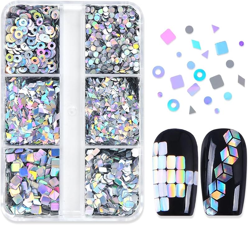 Juego de lentejuelas holográficas para decoración de uñas, decoración con purpurina láser plateada, rombo, triángulo, círculo, discoteca, rectángulo, confeti de uñas cuadrado, 3 mm, 6 rejillas, calcomanías de escamas de uñas