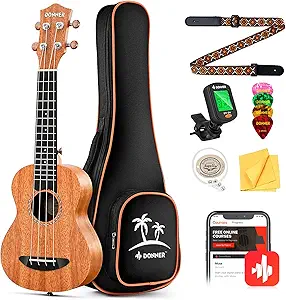 Donner Concert Ukulele Mahogany 23 Inch Ukelele Starter Bundle Kit with Free Online Lesson Gig Bag Strap Nylon String Tuner Picks Cloth DUC-1 Professional Ukalalee Yukalalee Gift