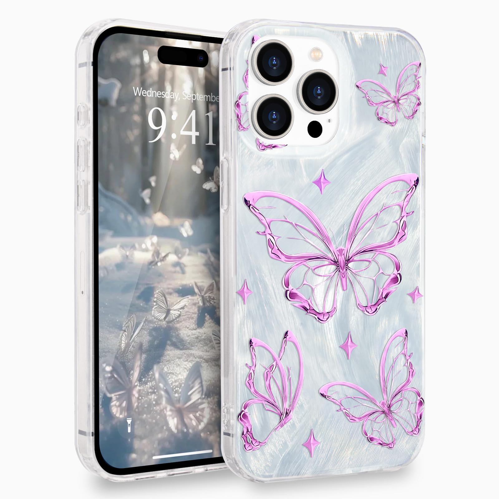 L-FADNUT for iPhone 14 Pro Max Case for Women Girls Shiny Silver Butterfly Design,Cute Trendy Soft Slim TPU Shockproof Protective Phone Case Cover for